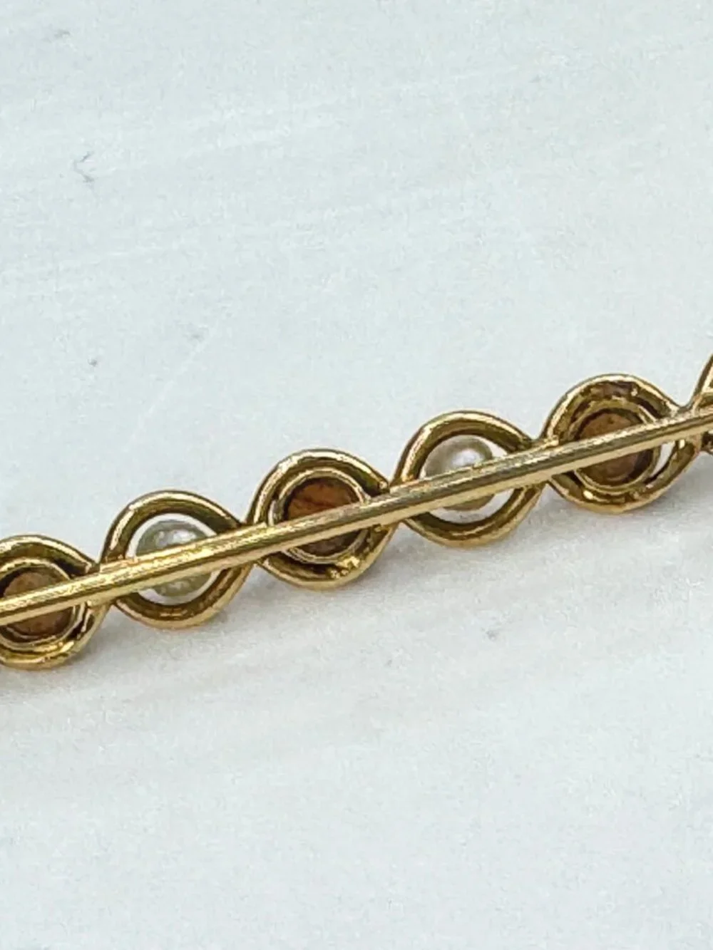 Antique 14K yellow Gold Coral Pearl Infinity bar brooch  1 5/8